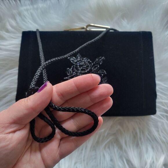 Elegant Black Clutch with Gold Clasp and Silver Roses Print - Picture 6 of 10